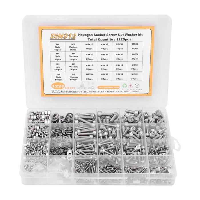 Assortiment de vis à tête cylindrique et écrous - 160 pièces - En acier inoxydable SS304 - Assortiment de vis à tête cylindrique - M2, M2,5, M3, M4, M5