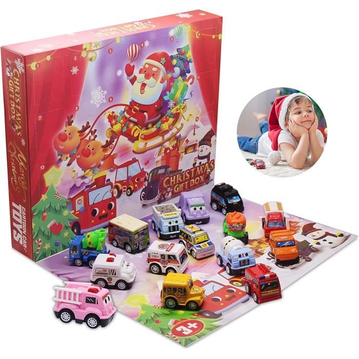 VEEKAY 2025 Calendrier De L'avent Voiture Garçon, D'ingénierie de Voiture 24 Pièces,Enfants Voiture 24 Jours Noël,Voitures à Tirer pour Enfants,Noël Calendrier Cadeau Voiture