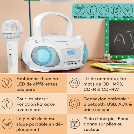 Auna Lecteur CD Portable Radio 3W, Boombox FM+ AUX, Chaine HiFi Stéréo  Mural a LED avec Micro, Poignée Transport, USB, MP3 & Bluetooth 5.0  Streaming, Poste Player Adulte et Enfant : 