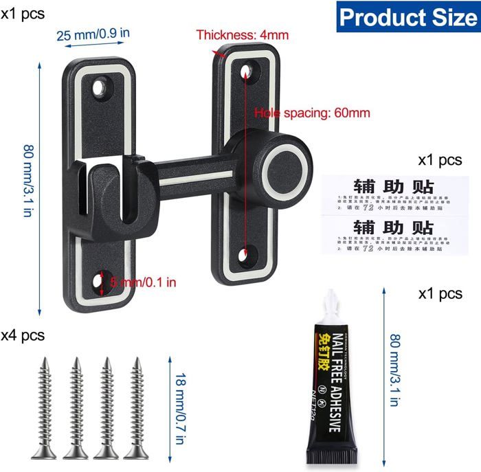 Verrou Pour Porte Coulissante 90/180 Degrés - Loquet De Sécurité Noir, Modèle PD0040B, Neuf Avec Emballage