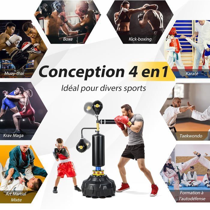 Entraîneur De Boxe 4-en-1 GYMAX - Sac De Frappe, 2 Balles Réflexes, Barre Rotative 360°, Hauteur Réglable 173-213 Cm, Base Lestable