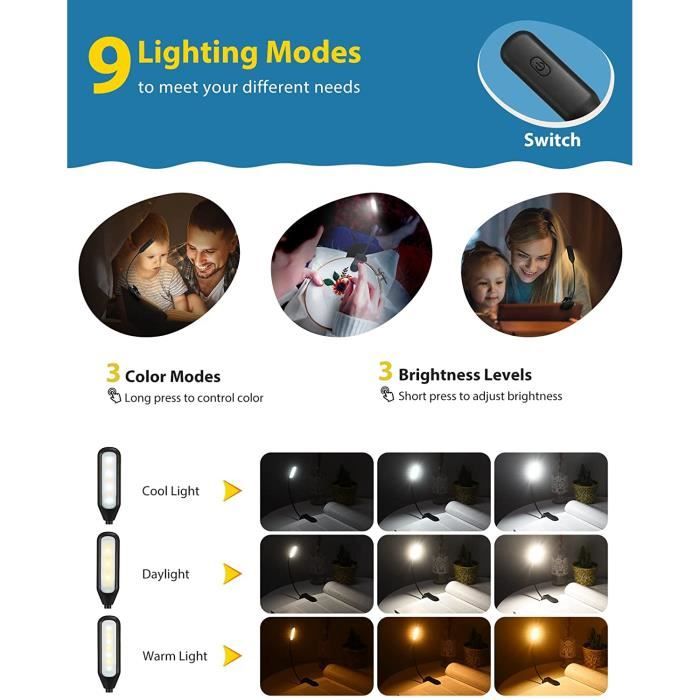 Lampe de Lecture Liseuse Lampe pour Livre, USB Rechargeable Lampe Lecture 7  LED con 3 Modes de LuminositÃ© et 3 TempÃ©rature de Couleur,360Â°Cou  Flexible Lampe Pince Veilleuse pour Lit