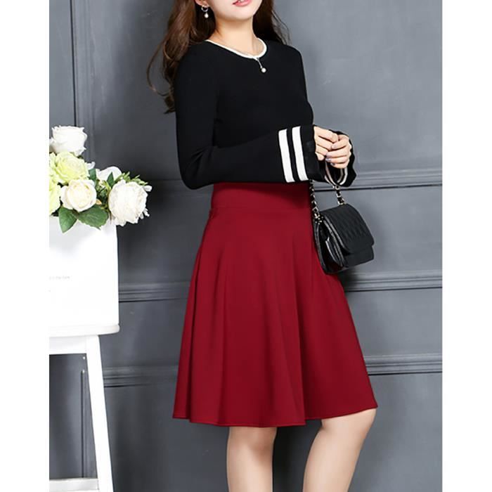 Mini Jupe aux Genoux Femmes Stretch Taille Haute Evasee Plaine Patineuse Rouge M Waist 60 70 CM Rouge Cdiscount Pret a Porter