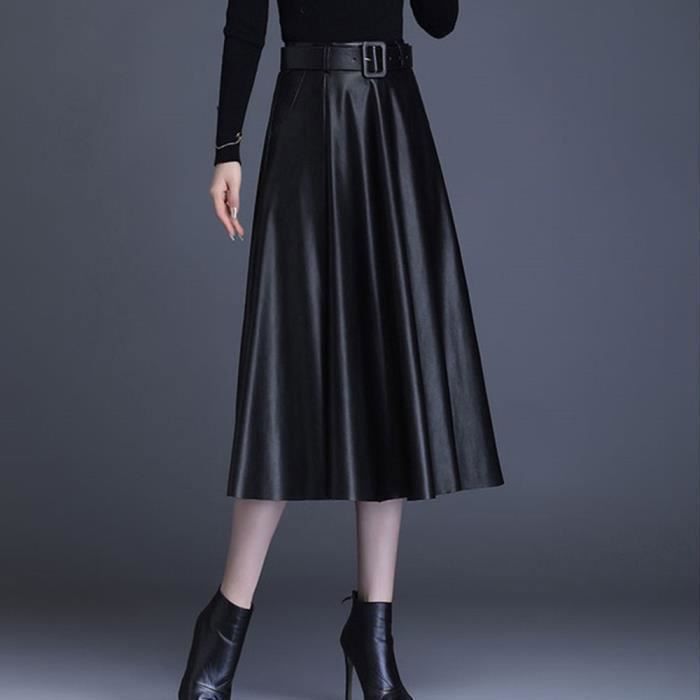 Jupe Femmes PU en Cuir Plissee Vintage De A Ligne Taille Haute Jupe Longue avec Poches Grande Vetements Noir