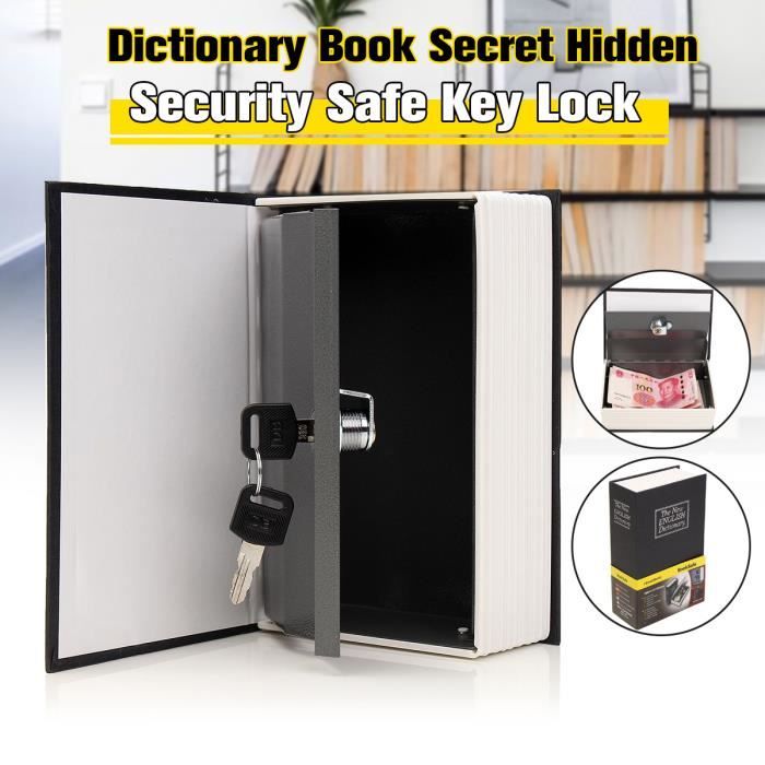 Coffre-fort de livre de pages avec serrure à clé, coffre-fort secret de  détournement de dictionnaire, boîte de serrure cachée d'argent, 9,45 X  6,0 X 2,2 grand noir