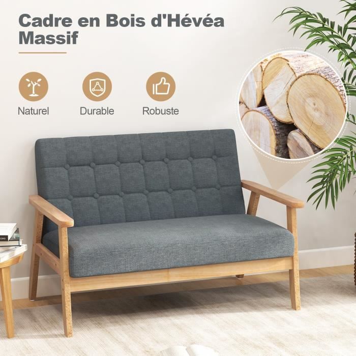 Canapé 2 Places Style Scandinave 115cm - HOMCOM - Tissu Lin - Pieds Bois - Pour Petit Espace Gris