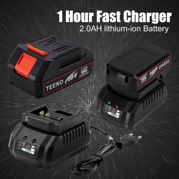Perceuse Visseuse Sans Fil TEENO 20V - 2 Batteries 2Ah - 40 Nm, Double Vitesse (0-550/1550 Tr/min) - Mandrin 10mm - Pour Bricolage Et Pro