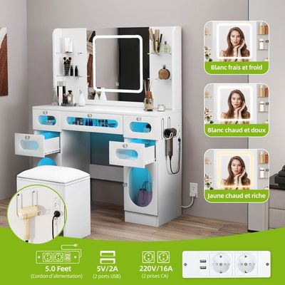 Coiffeuse avec Grand Miroir à Lumières LED,11 Tiroirs,Prise de Courant Coiffeuse avec Grand Miroir à Lumières LED,11 Tiroirs,Prise de Courant