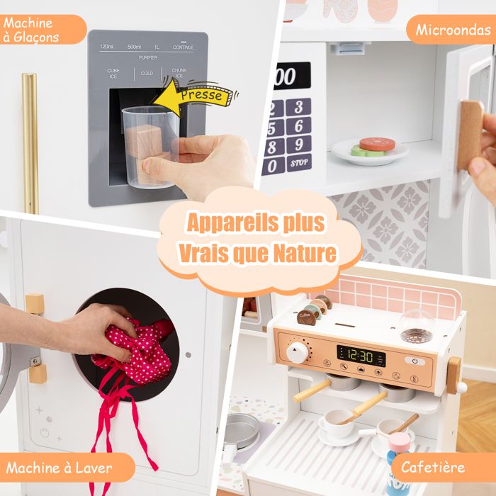 Cuisine Bebe GOPLUS Cuisine Enfant En Bois, Jeu De Cuisine Avec Accessoires Riches & Évier & Four & Plaque De Cuisson & Réfrigérateur, Jouets De Cuisine Avec Effets Sonores Et Lumière, Pour