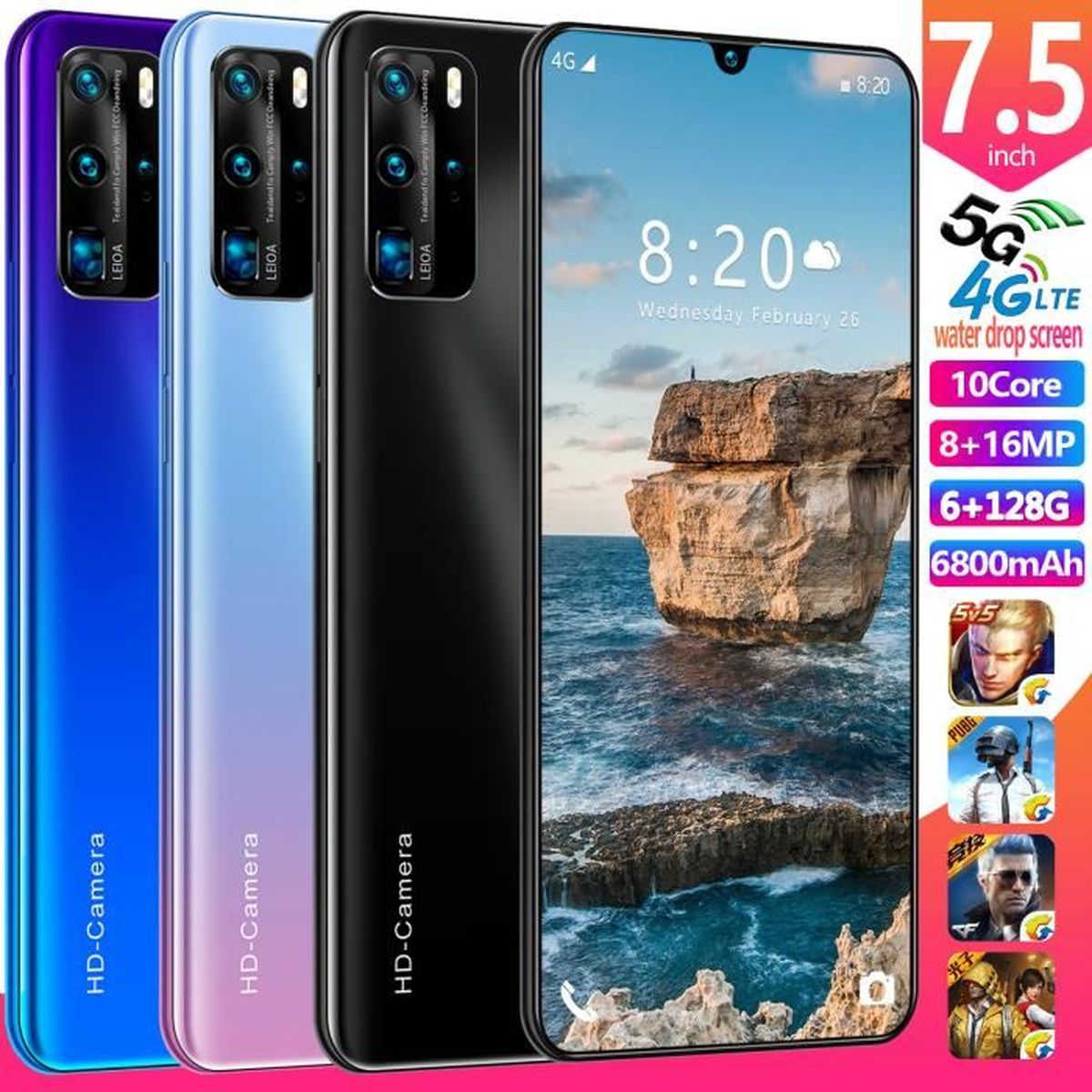Noir 7 5 Pouces Smartphone Pour P40 PRO Grand cran Android 9 1 Hd 1440