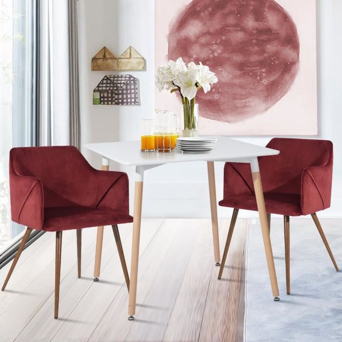 Lot De 2 Fauteuils De Salle A Manger En Velours Rouge Avec