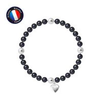 PERLINEA - Bracelet My Heart - Véritable Perle de Culture d'Eau Douce Ronde 5-6 mm Black Tahiti - Câble Elastiqué - Bijoux Femme