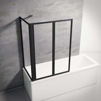 Pare baignoire à coller 2 volets + paroi de retour fixe, 89 x 70 x 120 cm, verre transparent, profilé noir (envoi de 2 colis)