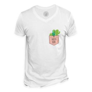 T-SHIRT T-shirt Homme Col V  Cactus Life Poche Surprise Illustration Dessin