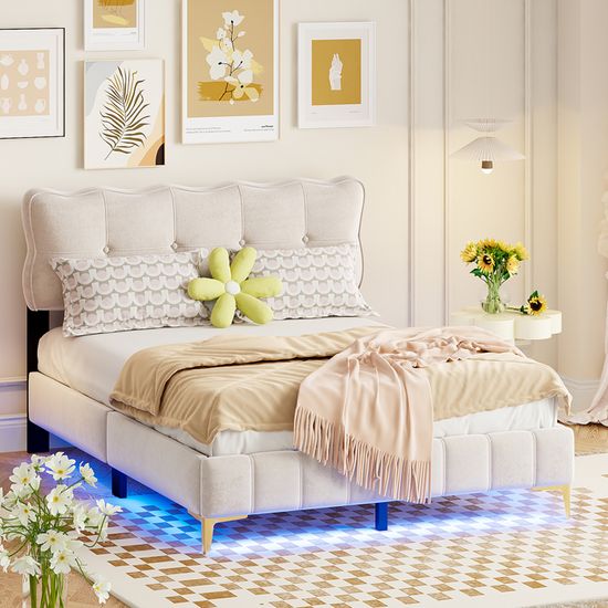 Lit Double 140x200 Cm Avec Tête De Lit LED - Velours Beige, Sommier à Lattes, Pour Ado/fille
