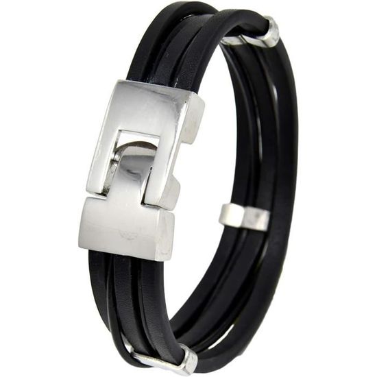 Vente Bracelet homme en cuir tressé noir à attache inox