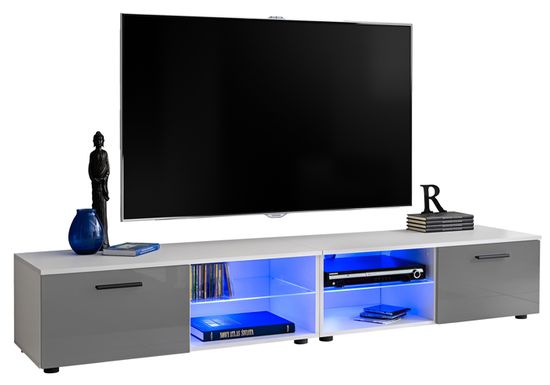2x Meuble TV T32-100 - LED bleues - Gris Brillant & Blanc - Façades en Brillant - L200cm x H34.5cm x P45cm