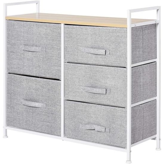 Commode 5 Tiroirs Design Scandinave - Bois Blanc Et Chêne Clair, 99x39x101 Cm - Meuble De Rangement Chambre