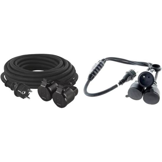 Rallonge Double Prise Schuko 90° - Câble 3x1,5 Mm² 16A 250V IP44 - Longueur 0,5 M - Pour Intérieur/Extérieur (Noir)
