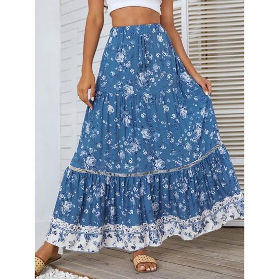Femmes Midi Jupe Imprimé Floral Jupes Courte d'été bohème Taille Haute