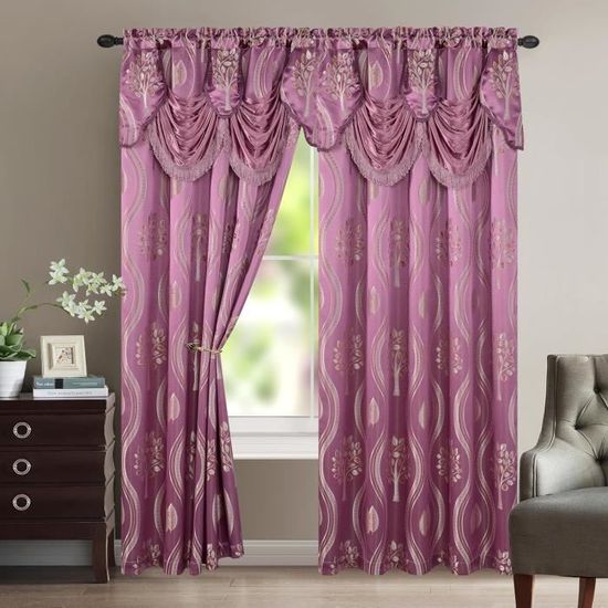 GOHD Samba Star Lot de 2 Rideaux de fenêtre Jacquard avec cantonnière Fantaisie attachée et Envers en Taffetas Vert foncé 137 x 229 cm