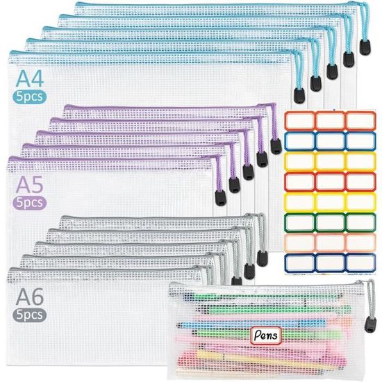 10 Pochettes Document A4 Zippées - PVC Transparent, Étanches (5 Couleurs)