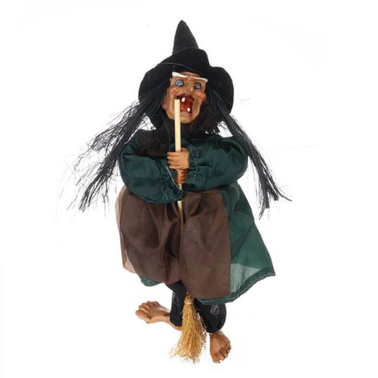 Lot De 4 Figurines Sorcière à Suspendre Halloween - Tissu Soie, Cloches, Balai - 12x20cm - 7