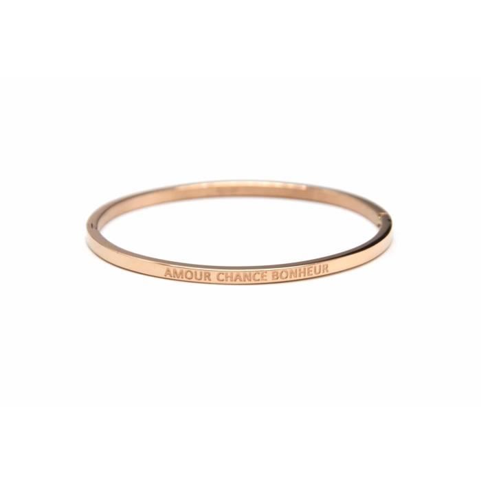 BC1796F - Bracelet Jonc Fin Acier Or Rose avec Message Amour Chance Bonheur