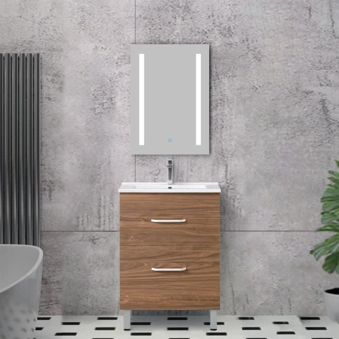 Ensemble de meubles de salle de bain: Vasque+meuble sous-vasque sur pieds 2tiroirs+Miroir LED avec antibuée 60cm-Chêne