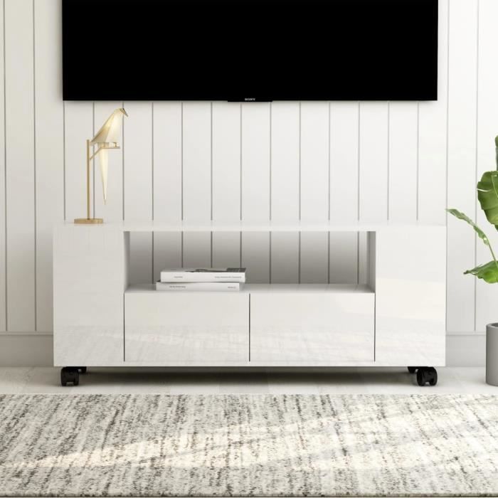MEUBLE TV - MEUBLE HI-FI scandinave contemporain Blanc brillant 120 x 35 x 43 cm Aggloméré