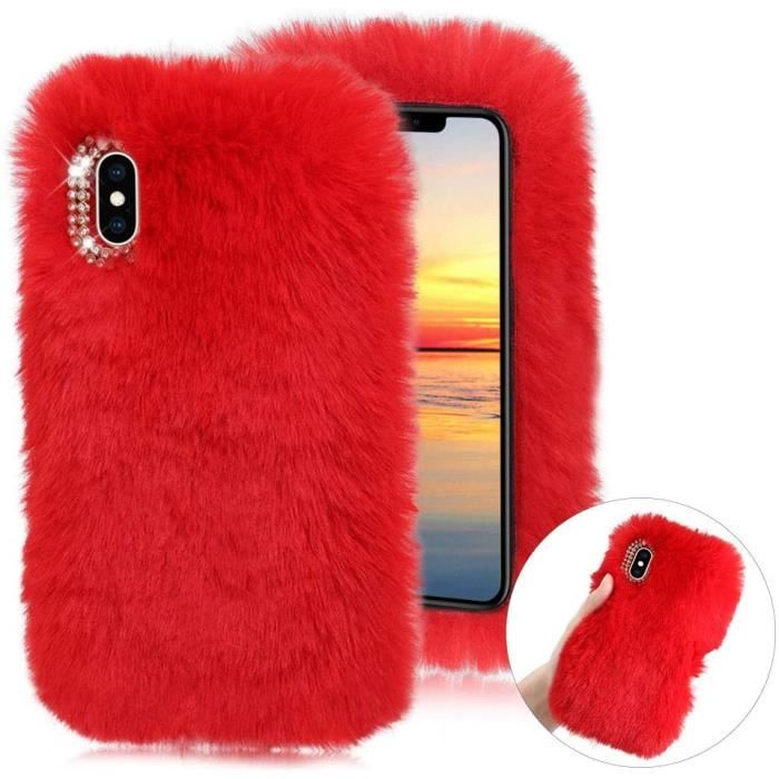 Hiver Chaud Fourrure Coque pour iPhone 11 Mignon Femmes Filles Handmade Velu Peluche Étui de Protection Souple Silicone Anti Rouge