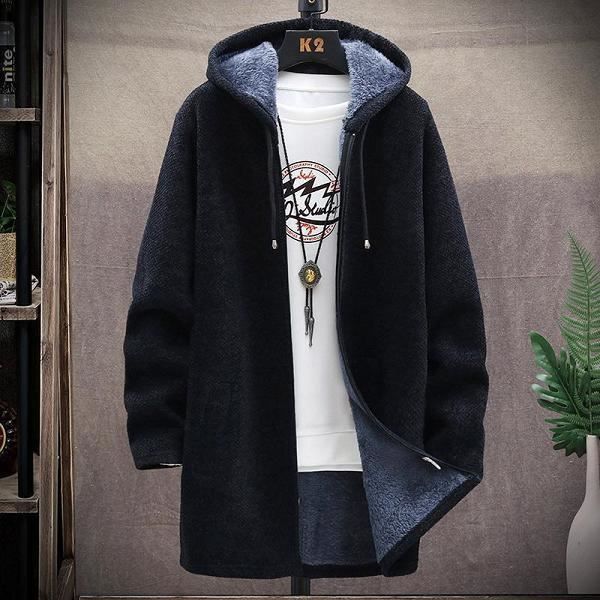 Pull homme,Hommes chandail polaire Cardigan veste d'hiver hommes chandails fins hiver Long à capuche chandail épais chaud manteau