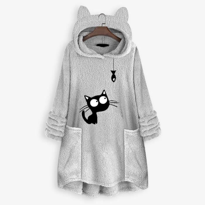 Femmes polaire broderie oreille de chat grande taille sweat à capuche poche top chandail chemisier YEI201119002GYL