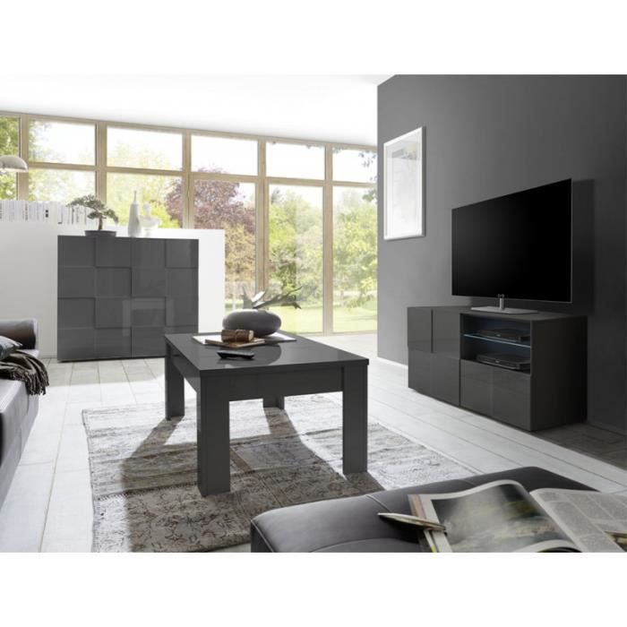 Meuble TV 1 porte 1 tiroir Laqué Gris brillant LED's - TICATO - L 122 x l 43 x H 57