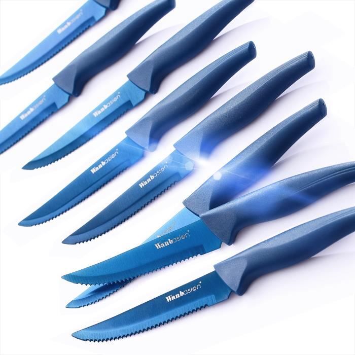 Wanbasion 8 pièces Set De Couteaux À Steak Cuisine Professionnel, Couteau de Table en Acier Inoxydable Bleu