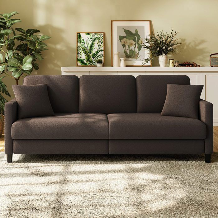 Grand Canapé 3 Places en Velours Teddy Marron avec 3 coussins2 oreillersCanapé Scandinave pour SalonChambre à