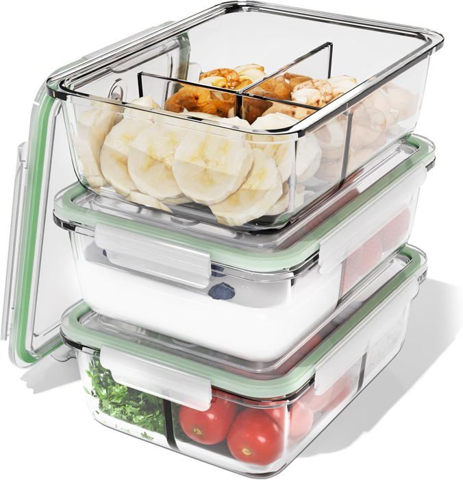 Lot De 8 Boîtes De Conservation Repas En Verre Borosilicate - 3 Compartiments - 36 Oz (1060 Ml) - Noir