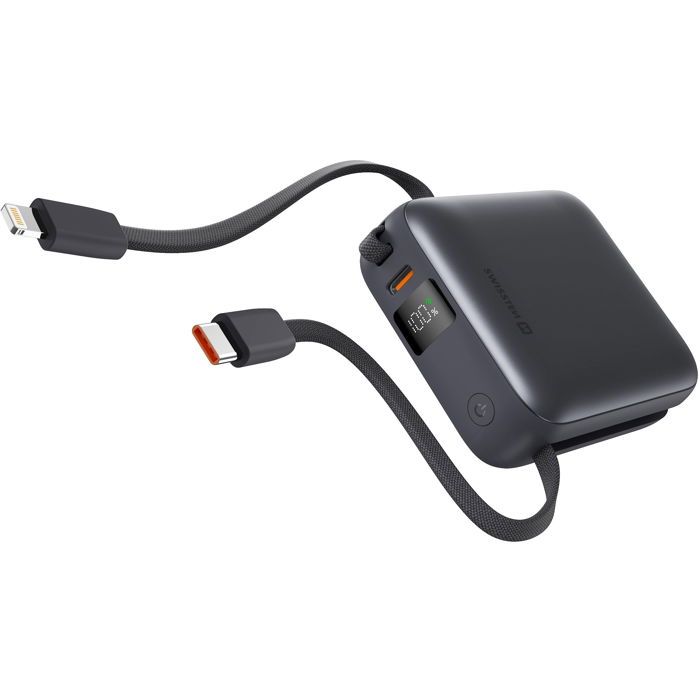 Powerbank - SWISSTEN - 10000 mAh - Câbles USB-C et Lightning intégrés - 225 W - Space Silver