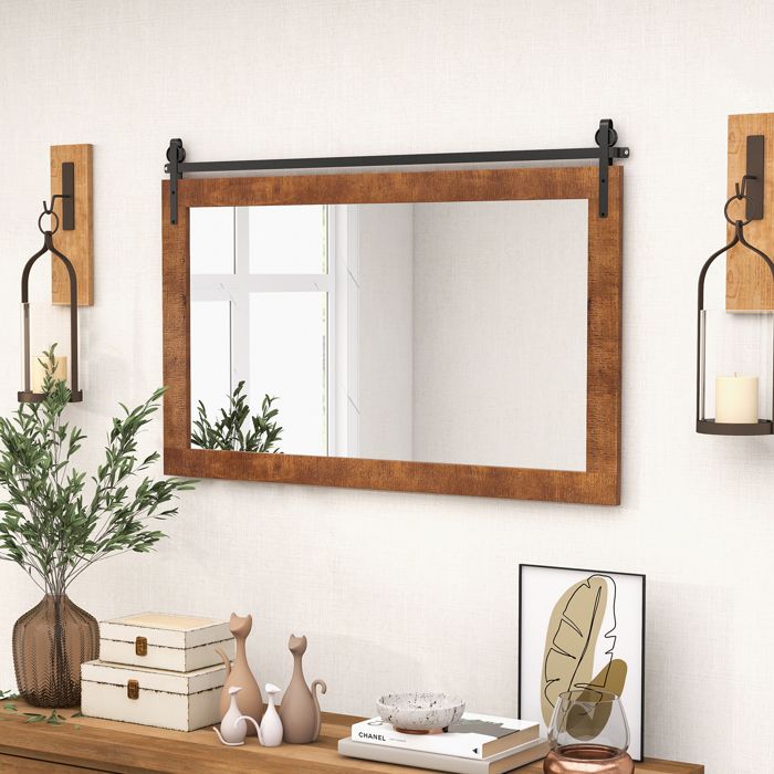100 x 66 CM Miroir Murale Rectangulaire COSTWAY Cadre en Bois Massif Support en Métal pour Salon Chambre Entrée Marron Rustique