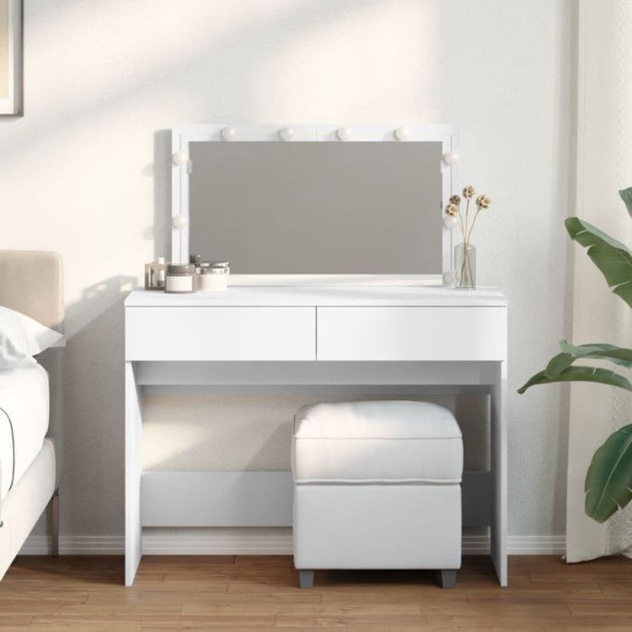 Coiffeuse - 100x40x120 cm - LED blanc - 2 tiroirs - Miroir inclus
