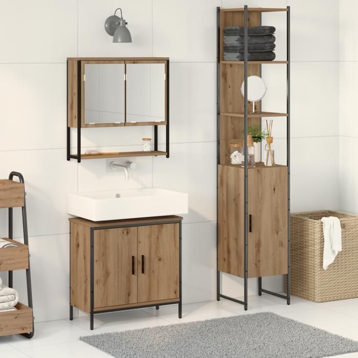 Ensemble de meubles de salle de bain - Chêne artisanal - 3 pièces - Finition mate - Style contemporain
