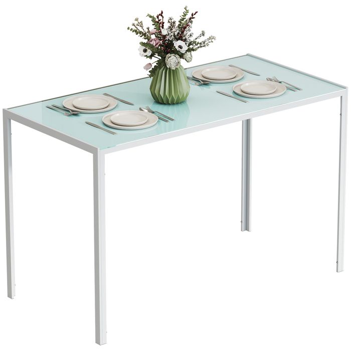 Table à manger - HOMCOM - pour 4 personnes - plateau en verre trempé et pieds en métal - 120x60x75cm - blanc