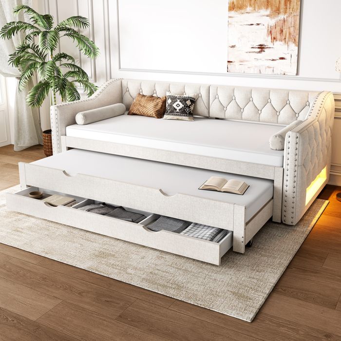 Canapé-lit rembourré 90x200 cm - MODERNLUXE - Lit gigogne - Éclairage LED - 3 tiroirs - MDF + lin - Beige Canapé-lit rembourré 90x200 cm - MODERNLUXE - Lit gigogne - Éclairage LED - 3 tiroirs - MDF + lin - Beige