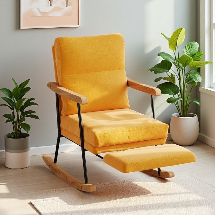 Fauteuil à BasculeRocking Chair avec repose-pieds extensibles88 x 60 x 98 cm ScandinaveFauteuil en Bois MassifCoton et