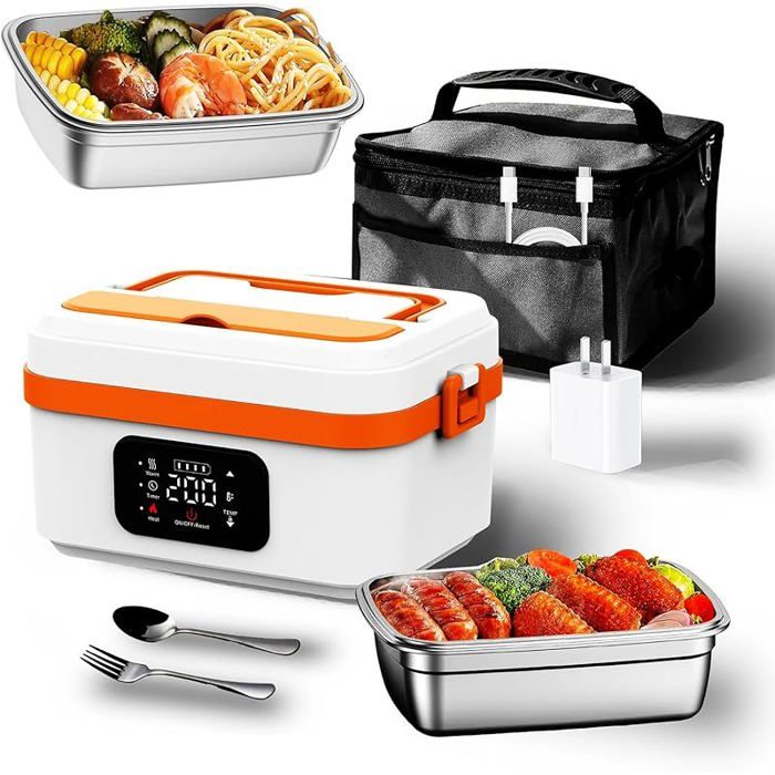 Lunch Box Chauffante Rechargeable 1,3 L - Batterie 16000 MAh, USB-C - Pour Bureau, Voiture - Inox