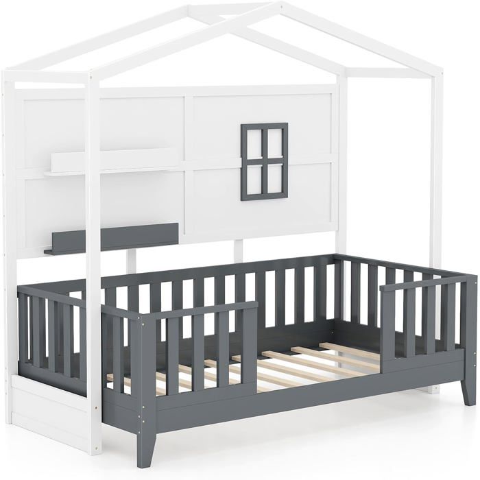 GIANTEX Lit Cabane 100x200CM Lit Montessori avec Barrière Lattes en Bois et 2 Étagères de Rangement Lit Enfants Charge 180KG