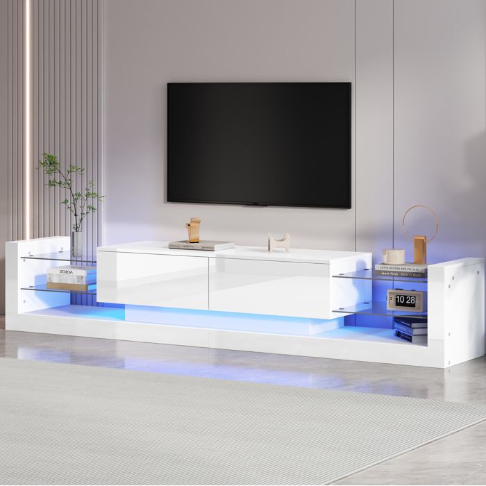 MEUBLIV Meuble TV haut avec éclairage LED et 2 tiroirs rabattables 181x38x38 cm bois blanc