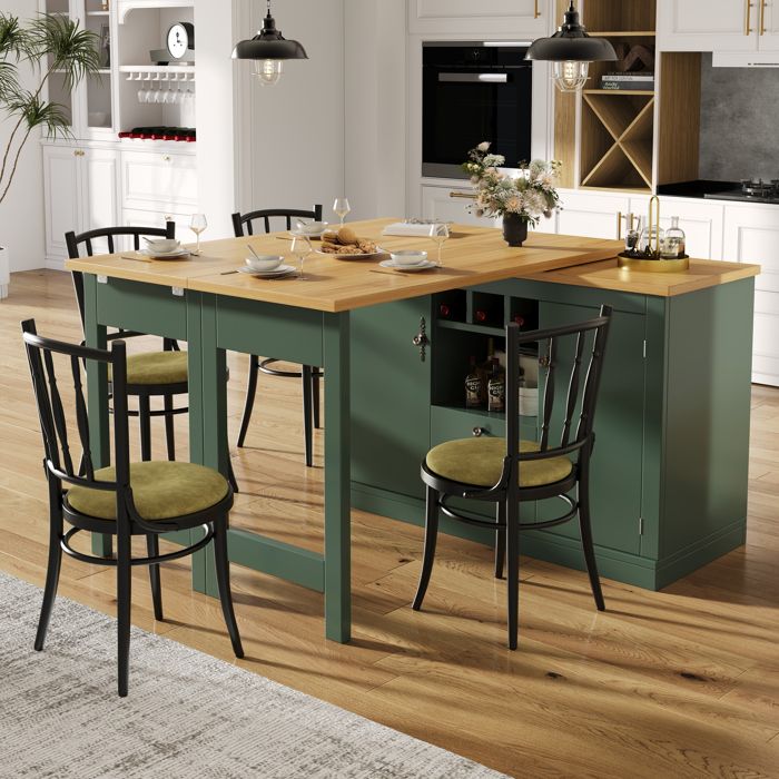 Îlot de Cuisine Extensible 120-180 cm avec Rangement et Porte-Bouteilles Table de Repas Pivotante 360° Table Haute Vert