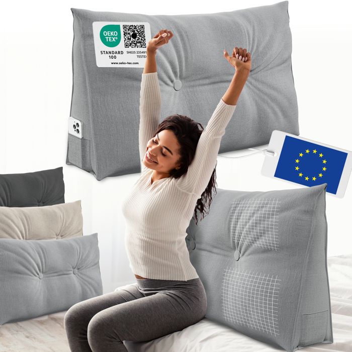 ELONEO coussin dossier lit 90 cm coussin triangulaire de lecture cale-dos avec housse lavable et poche latérale gris