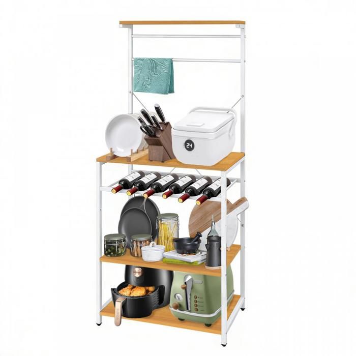 SUPFINE Étagère de Cuisine Meuble de Rangement à 4 Niveaux avec 8 Crochets Desserte de Cuisine Cadre en Acier 59×38×142cm
